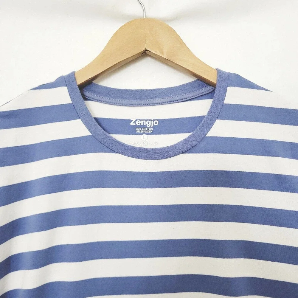 Zengjo T Shirt Mens Large Blue White Striped Shirt Short Sleeve Punk Rock Grunge